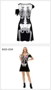 Detail of Halloween skeleton dress featuring irregular hemline and pink heart print