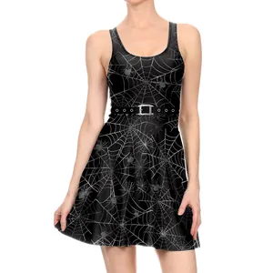 Vestido gótico de Halloween sin mangas para mujer con estampado de telaraña y cinturón metálico