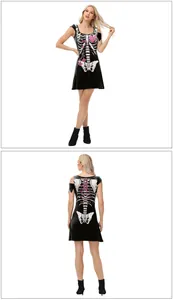 Detail of Halloween dress with skeleton print, pink hearts and roses on black fabric
