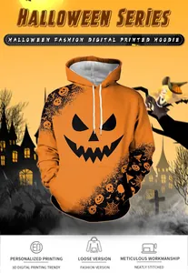 Detail of 3D digital pumpkin print on orange Halloween hoodie with white drawstring