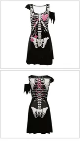 Detail of skeleton print Halloween dress with pink heart accents and frayed sleeve edges