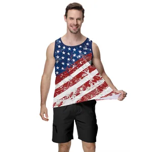 Vintage US flag printed sleeveless vest tank top for men in oversized streetwear style