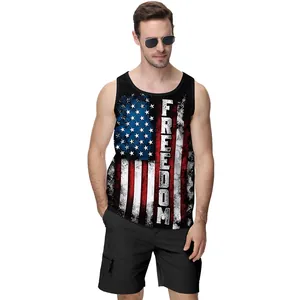 Men's retro black tank top featuring a vintage US flag print and Freedom text