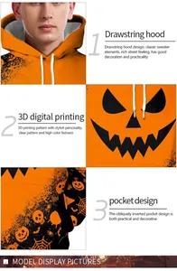Detail of Halloween hoodie featuring 3D pumpkin face print and drawstring hood