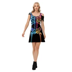 Women's Halloween black sleeveless dress with neon skeleton print and wing detail