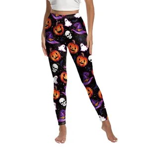Pantalon de Yoga Taille Haute pour Femmes Halloween Leggings à Imprimé Numérique de Citrouille et Crâne Pantalon de Fitness Élastique pour Fête