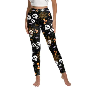Legging de yoga Halloween avec imprimé crâne et citrouille, taille haute gainante