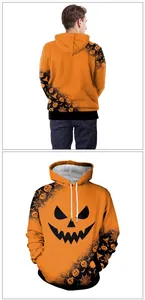 Detail of Halloween pumpkin hoodie with digital print and ribbed cuffs for holiday wear