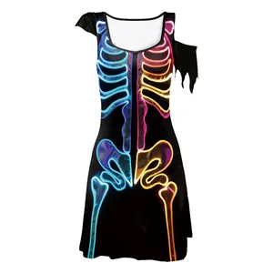 Women's sleeveless Halloween dress with neon skeleton print and jagged shoulder detail