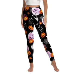 Leggings d'Halloween à taille haute avec imprimé citrouille, fantôme et chauve-souris