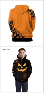 Detail of Halloween hoodie featuring glowing pumpkin face print and spiderweb patterns