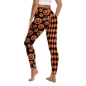 Leggings d'Halloween pour femmes avec imprimés citrouilles et motifs losanges orange