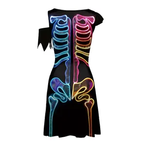 Women's Halloween skeleton print dress with neon colors and sleeveless irregular hem design
