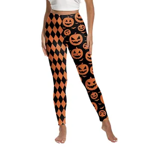 Leggings d'Halloween avec motifs citrouilles et carreaux orange pour femmes