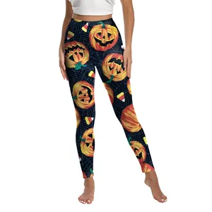 Leggings d'Halloween pour femmes à taille haute avec imprimés citrouille et toile