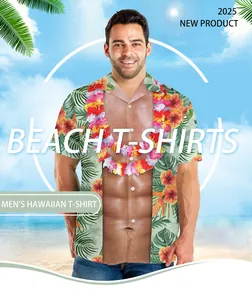 Detail of creative 3D muscle print Hawaiian beach shirt for men with tropical leis