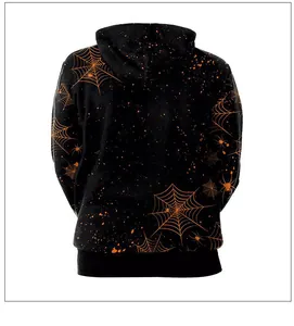 Detail of Halloween hoodie back featuring orange spider web prints and ribbed hem