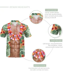 Detail of 3D digital floral print and muscle texture on Hawaiian beach shirt