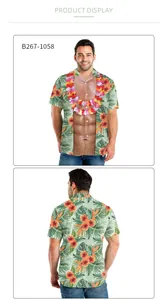 Front and back view of 3D muscle print Hawaiian shirt with tropical floral patterns