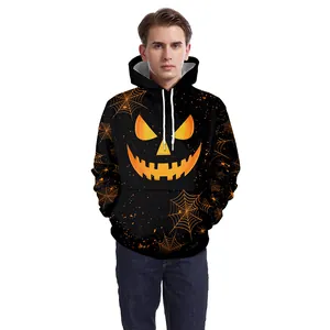 Women Men Halloween Pumpkin Face Print Hoodie 95% Polyester 5% Spandex Long Sleeve Sweatshirt With Drawstring Hood Pocket