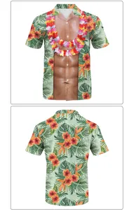 Detailed front and back views of Hawaiian shirt with muscle print and floral patterns