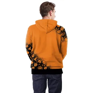 Halloween pumpkin and skull print hoodie featuring a vivid orange festive back design