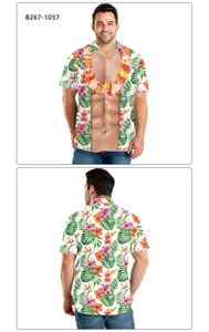 Detailed front and back view of men's summer shirt with 3D tropical palm leaf print