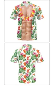 Detail of 3D muscle print on Hawaiian shirt with floral garlands and tropical patterns