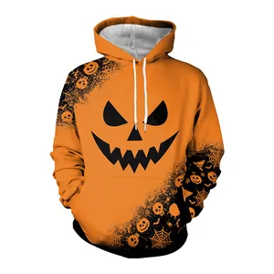 Orange Halloween hoodie featuring festive pumpkin faces and spider web patterns