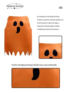 Dettaglio costume di Halloween arancione con faccia di fantasma nera e bordo seghettato