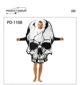 Detailed front view of Halloween skeleton costume featuring realistic skull print textures