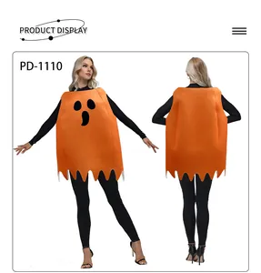 Dettaglio fronte e retro del costume da fantasma zucca arancione con stampa nera