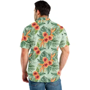 Back view of men's short sleeve Hawaii shirt with tropical floral and palm leaf print
