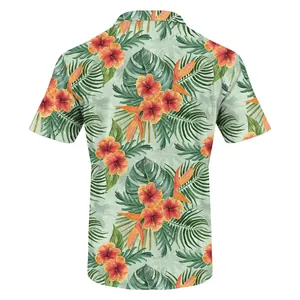 Back view of men's short sleeve Hawaii beach shirt with green tropical floral prints