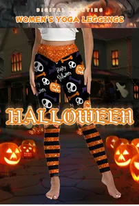 Detail des V-förmigen Taillenbunds der Halloween-Leggings mit Totenkopf-Kürbis-Druck