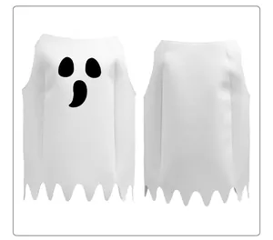 Vista fronte e retro del costume da fantasma bianco con viso spaventoso e bordo seghettato