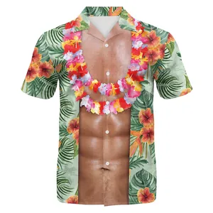 Men's summer Hawaiian shirt featuring realistic 3D muscle torso and hibiscus floral print