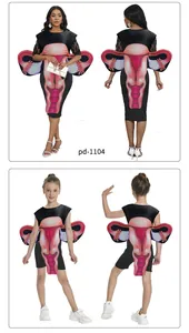 Detail view of anatomy printed Halloween costumes showing adult and child versions