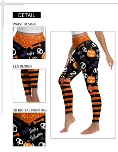 Detailansicht der Halloween-Leggings mit hoher Taille und Totenkopf-Kürbis-Druck
