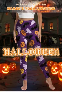 Détail du legging de yoga Halloween avec motifs de fantômes et citrouilles sur fond violet