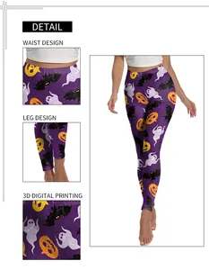 Vue détaillée de l'impression 3D sur legging d'Halloween avec motifs citrouille et chauve-souris
