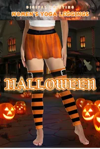 Detail of Halloween yoga leggings with orange and black stripes and digital pumpkin prints