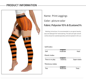 Detail showing 95% polyester and 5% elastane fabric info with orange black striped pattern