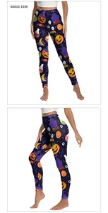 Vues détaillées du pantalon de yoga Halloween avec motifs citrouilles et squelettes