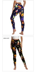 Détails avant et arrière de legging de yoga taille haute avec imprimés citrouilles