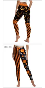 Detaillierte Vorder- und Rückansicht der Halloween-Leggings mit Streifen und Kürbis-Prints