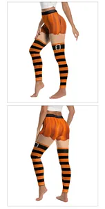 Detail of high-waist Halloween leggings with orange stripes and ghost pumpkin print