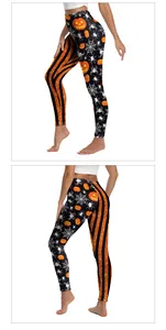 Detailansicht der Halloween-Leggings mit hoher Taille, Kürbis-Print und Streifenmuster