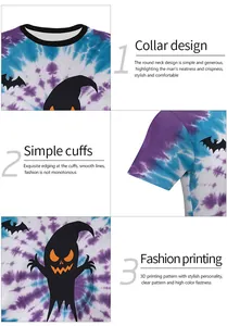 Detail von Rundhalsausschnitt und 3D-Geisterdruck auf lila Batik Halloween Kinder T-Shirt