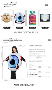 Detail view of blue eyeball sponge fabric party costume with product material specifications